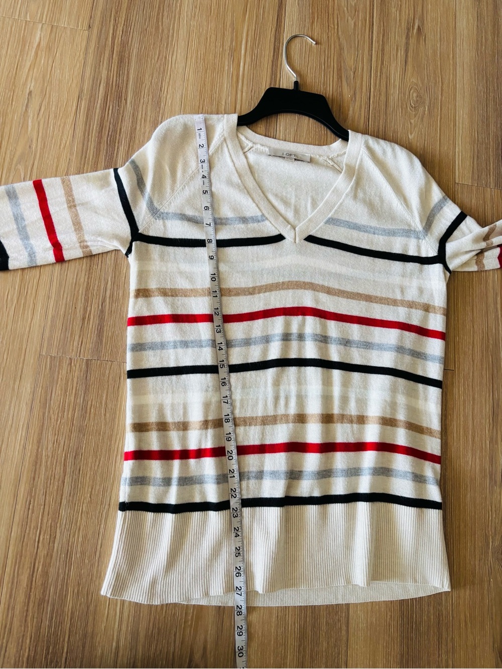 LOFT Sweater Beige Stripe Long Sleeve V-Neck Knit Womens S Preppy Academia Twee - Picture 5 of 9